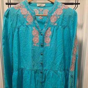 TASHA POLIZZI Turquoise Embroidered Button Up Boho Blouse, M